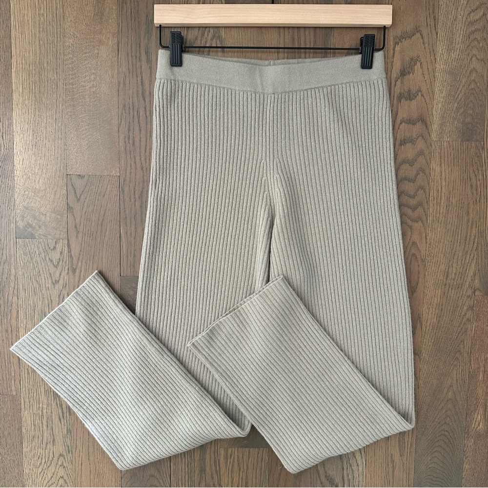 Lapointe 100% Cashmere High Rise Ribbed Straight Leg Pants in Light Beige Small